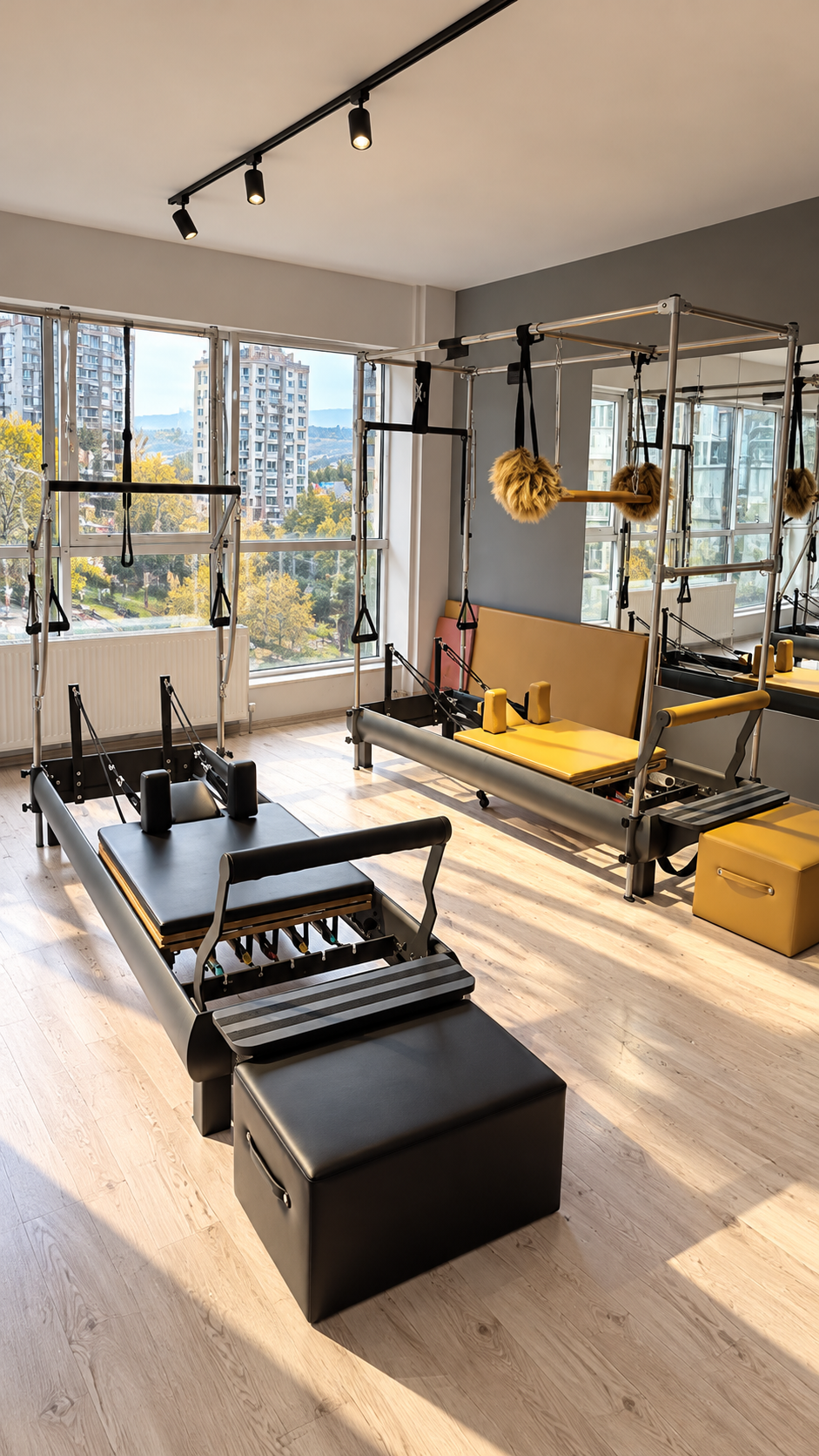 Anka Pilates Studios geniş stüdyo görünümü — reformer ekipmanları