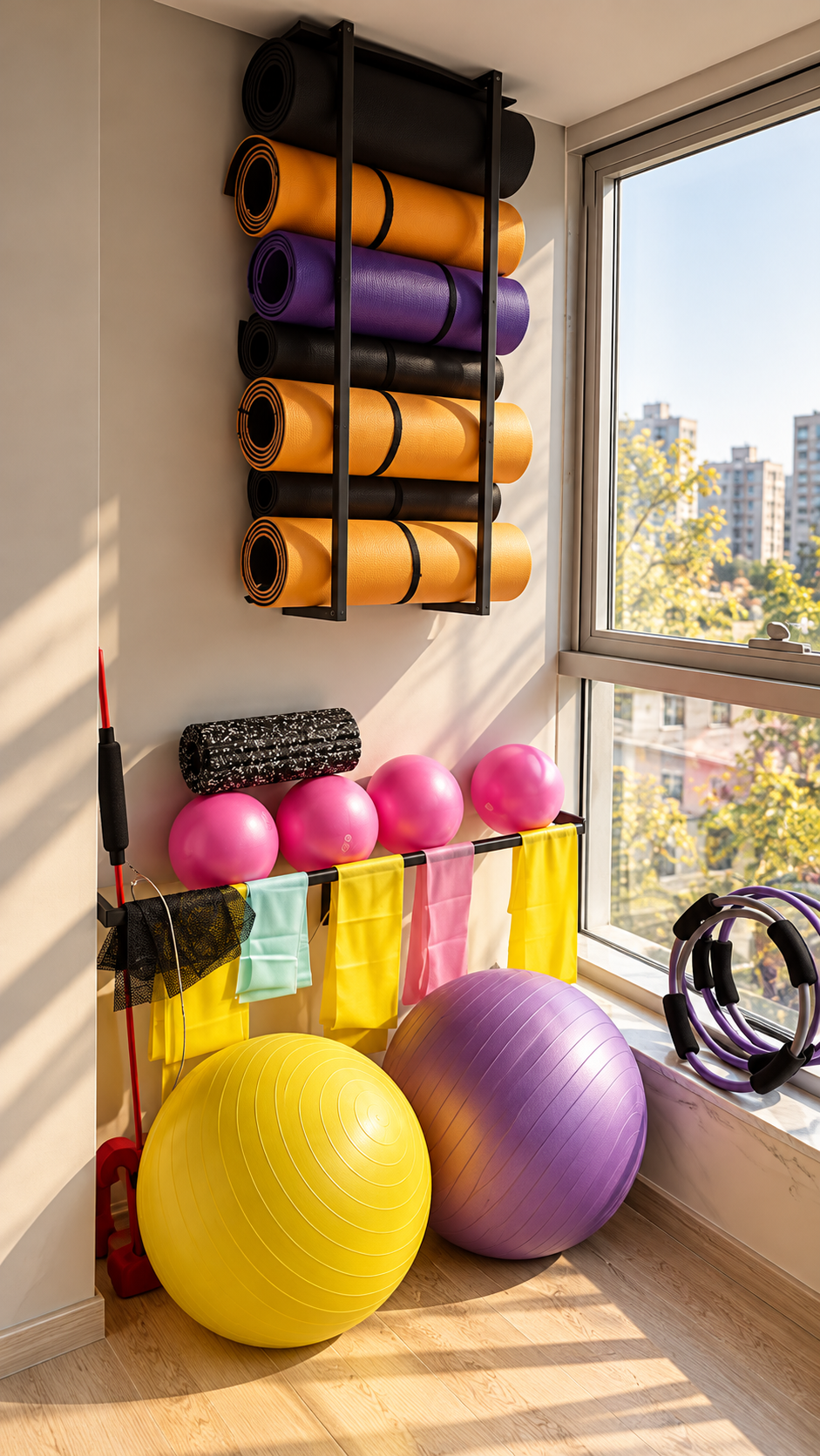 Renkli yoga matları, pilates topları ve ekipmanları